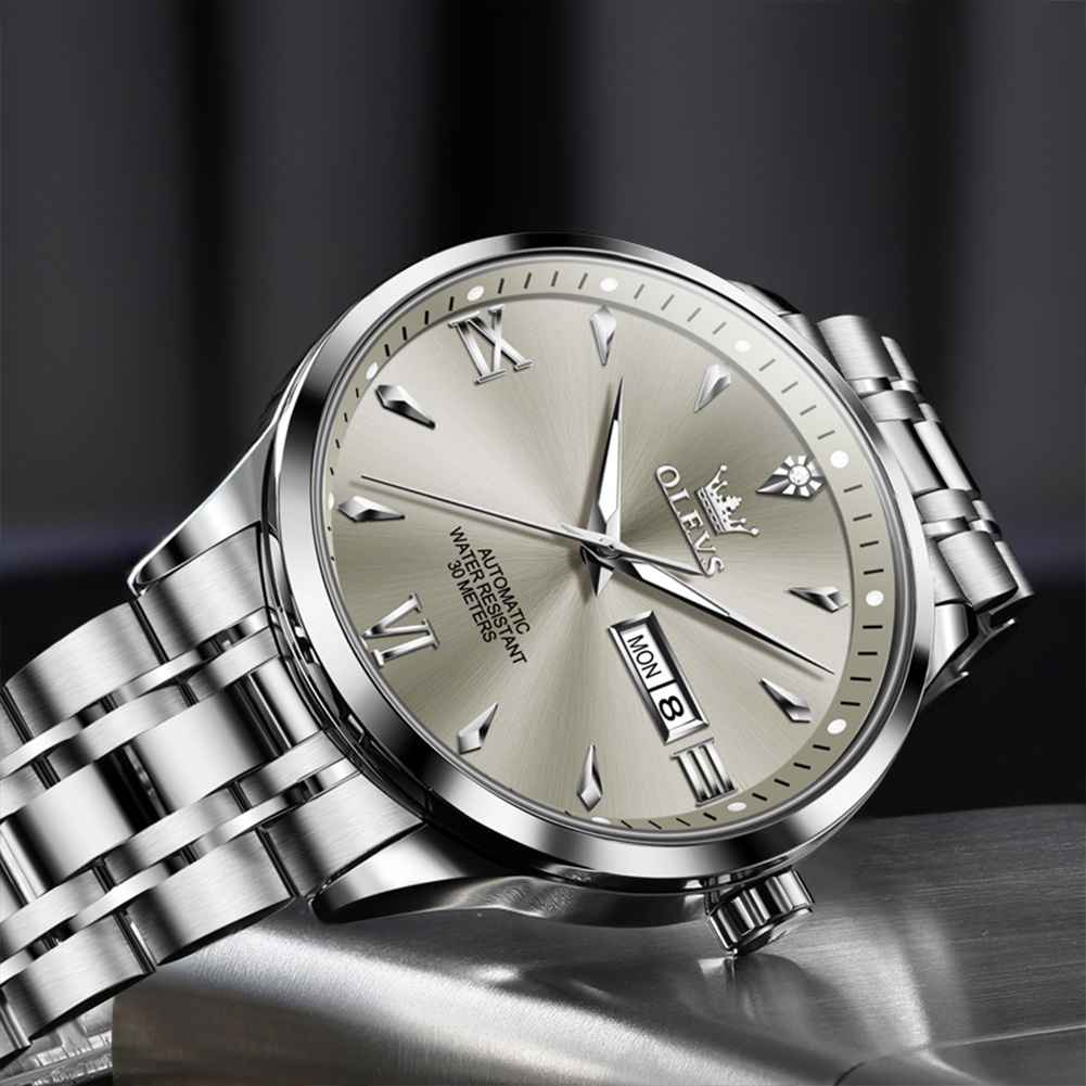 OLEVS 9956 Men's Automatic Self-Winding Mechanical Luxury Business Dress Watch - Stainless Steel, Waterproof, Luminous, Day-Date Feature