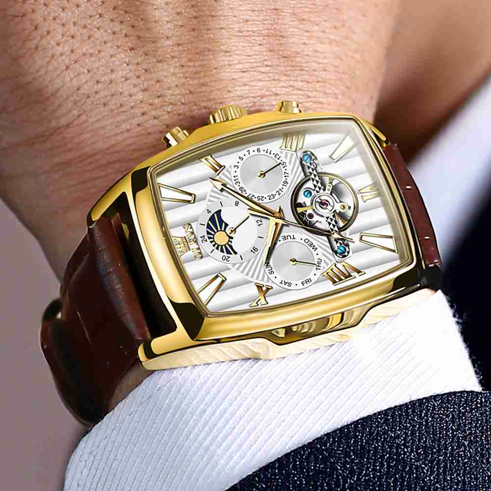 OLEVS 6675 Mechanical Dress Mens Watches Square Brown Skeleton Tourbillion Waterproof Luminous Men's Wrist Watches