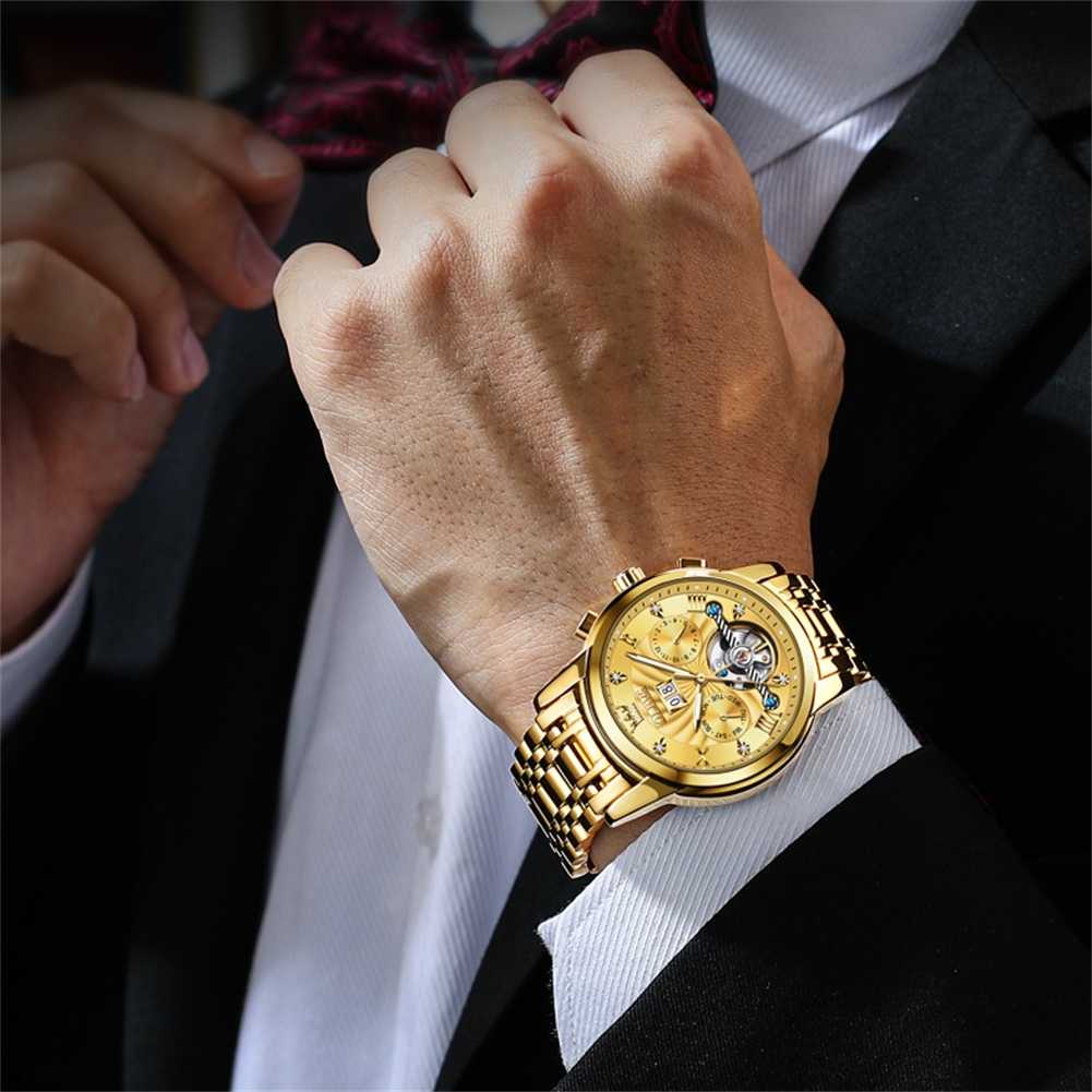 OLEVS 9910 Automatic Watches For Men Gold Luxury Dress Wrist Watch Self Winding Mechanical Skeleton Tourbillon Watch