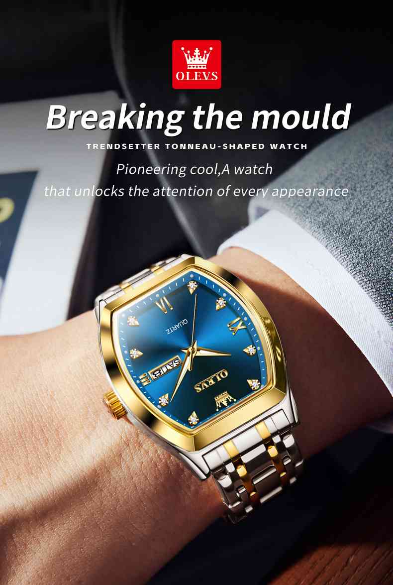 OLEVS 5528 Gold Watch Men Dress Diamond Tonneau Big Face Men Wrist Watch Waterproof Dual Watch Gift