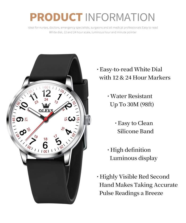 OLEVS 9953 Women's Nurse Leather Strap Casual Quartz Watch Waterproof Luminous With 24-Hour Display