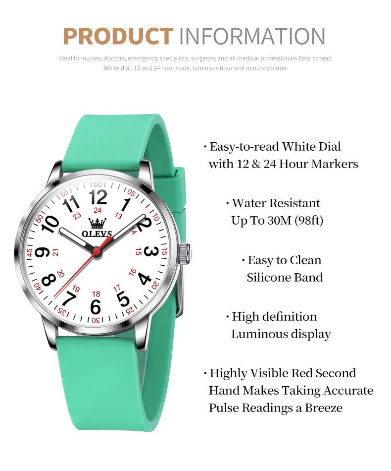 OLEVS 9953 Women's Nurse Leather Strap Casual Quartz Watch Waterproof Luminous With 24-Hour Display