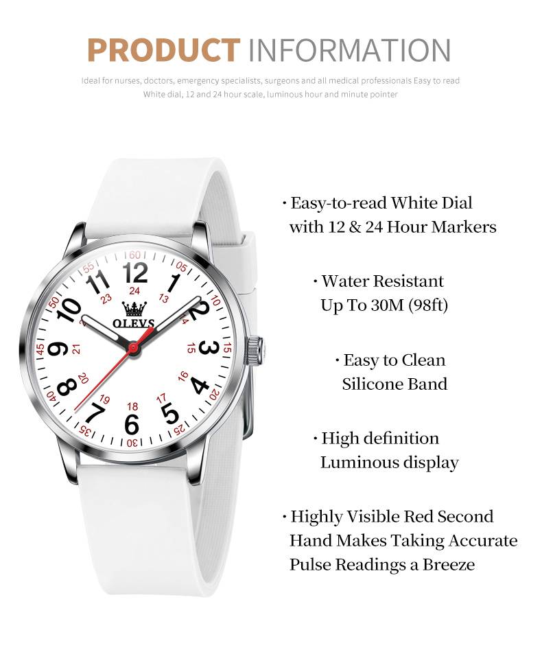 OLEVS 9953 Women's Nurse Leather Strap Casual Quartz Watch Waterproof Luminous With 24-Hour Display