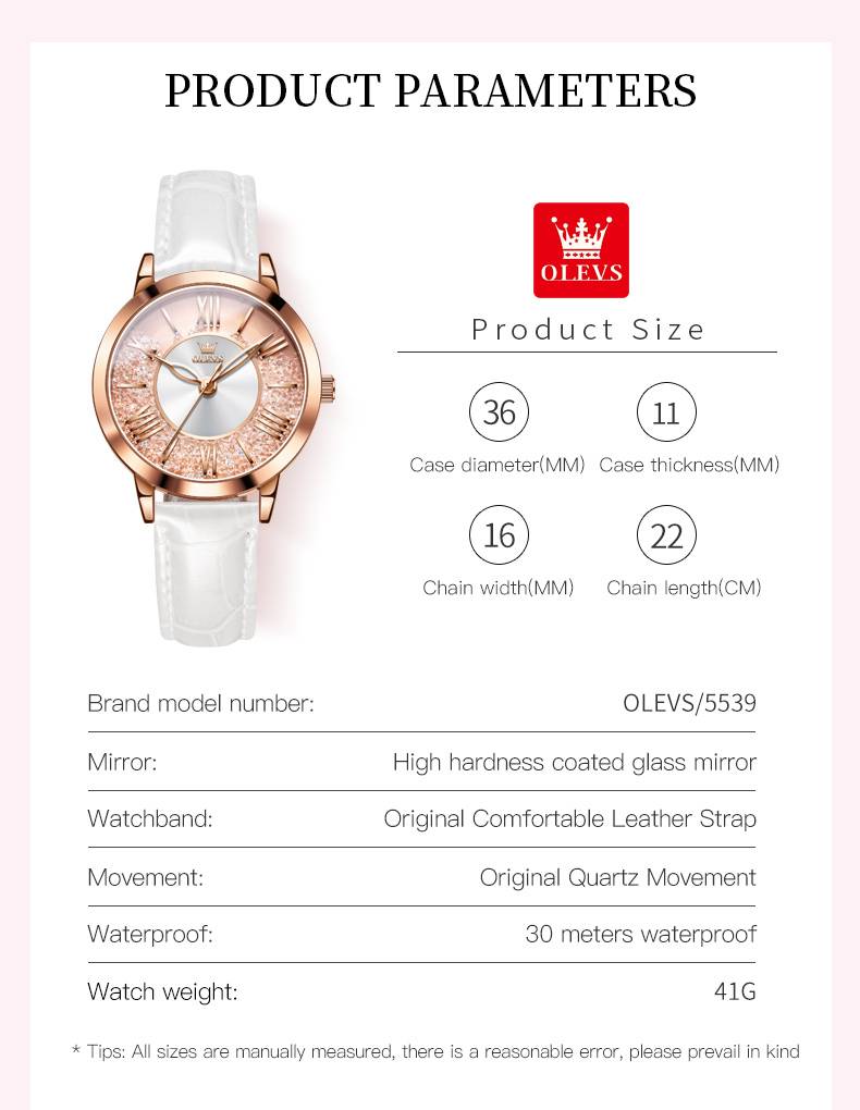 OLEVS 5539 Women's Quartz Watch, Women's Watch Elegant Rose Gold Round Fashion Gift Stainless Steel Leather Strap Women's Watch