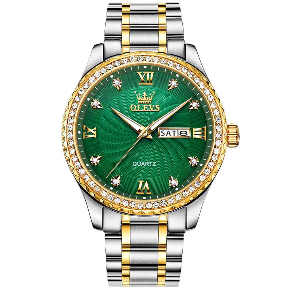 #Color_Two Tone Strap - Green Dial Gold Trim