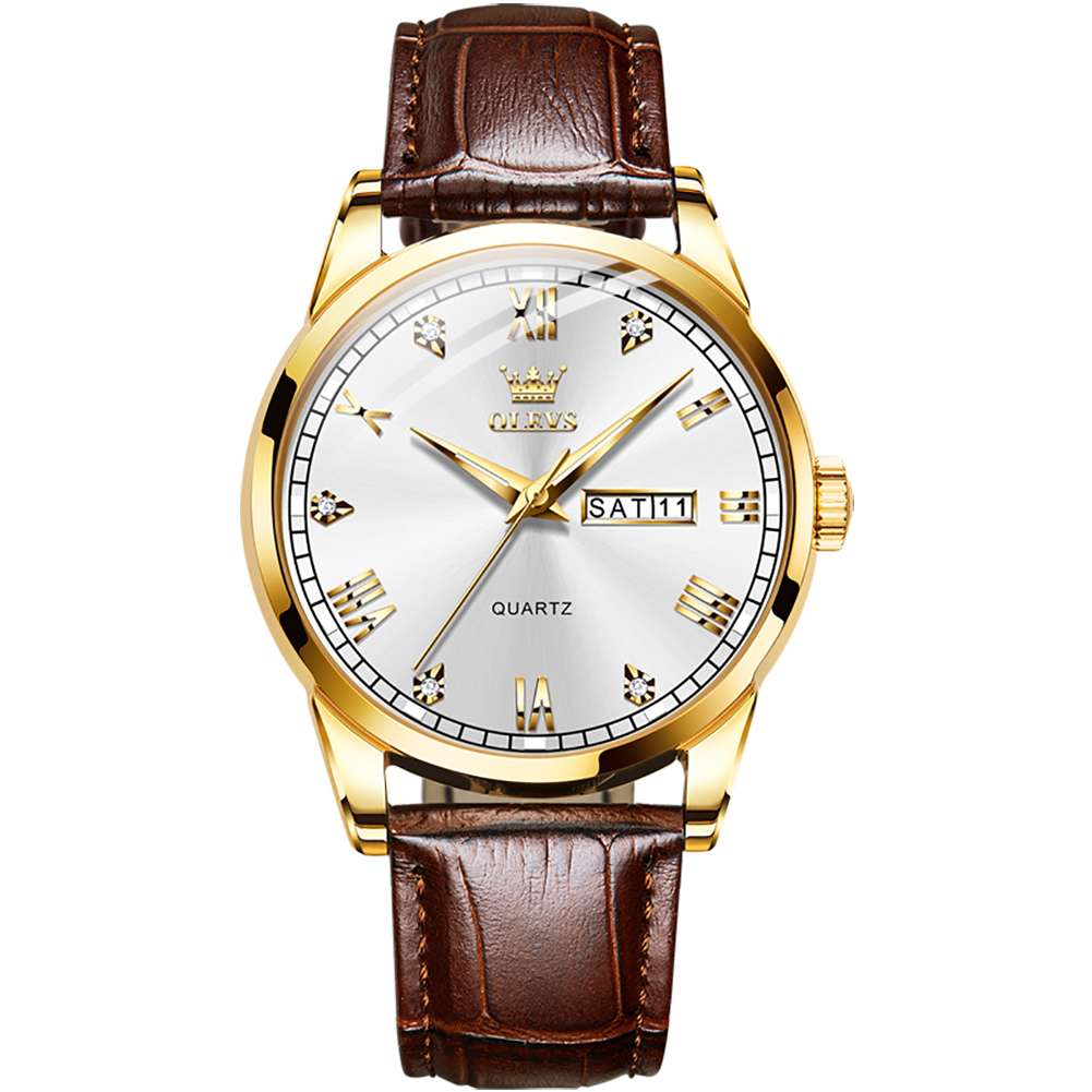 #Color_Brown Strap-White Dial Gold Trim