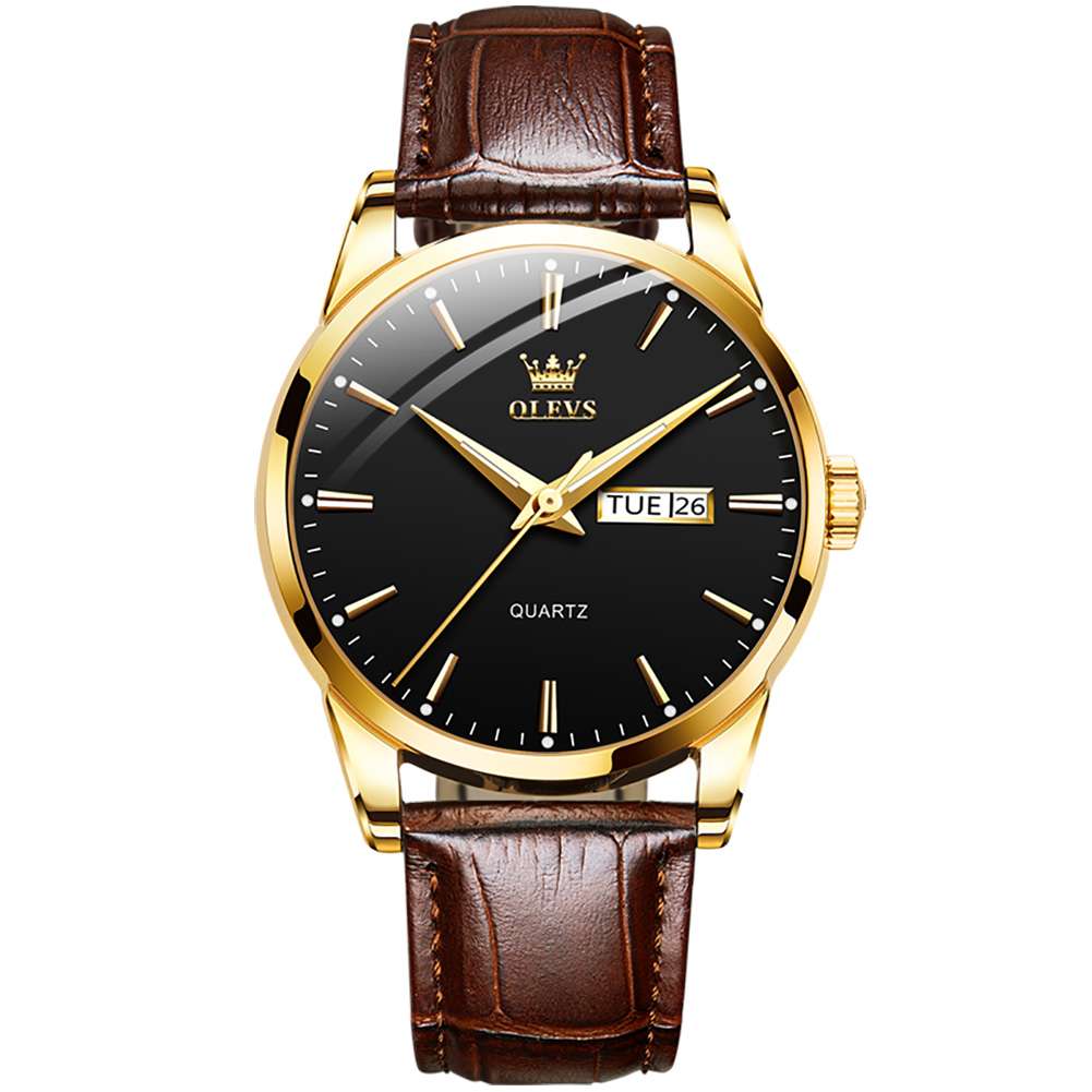 #Color_Brown Strap-Black Dial Gold Trim