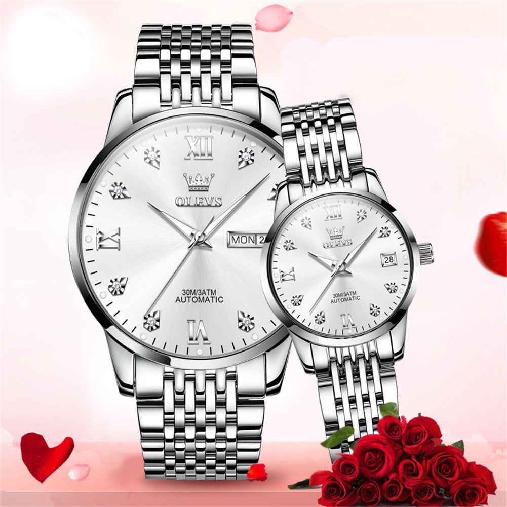 OLEVS 6673 Couple Mechanical Stainless Steel Watch, Diamond Face, Business Style