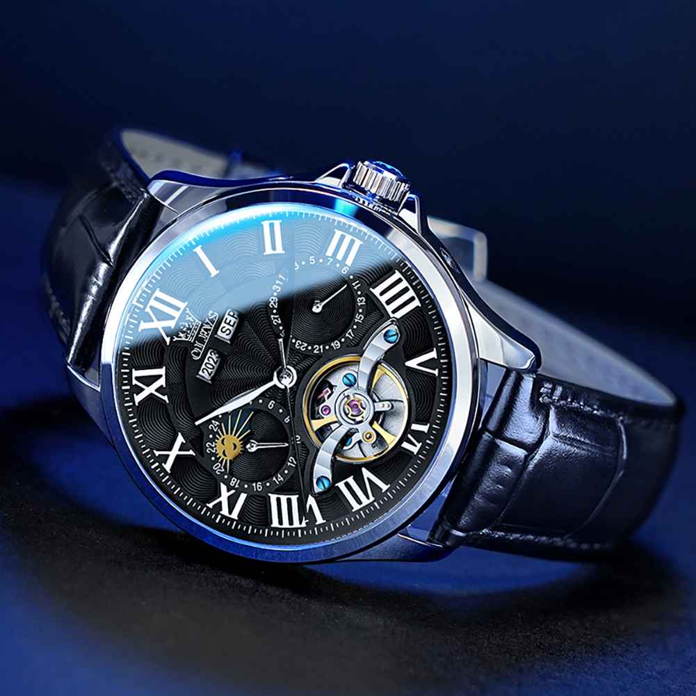 OLEVS 7013 Men's Mechanical Watch With Skeleton Design, Roman Numerals