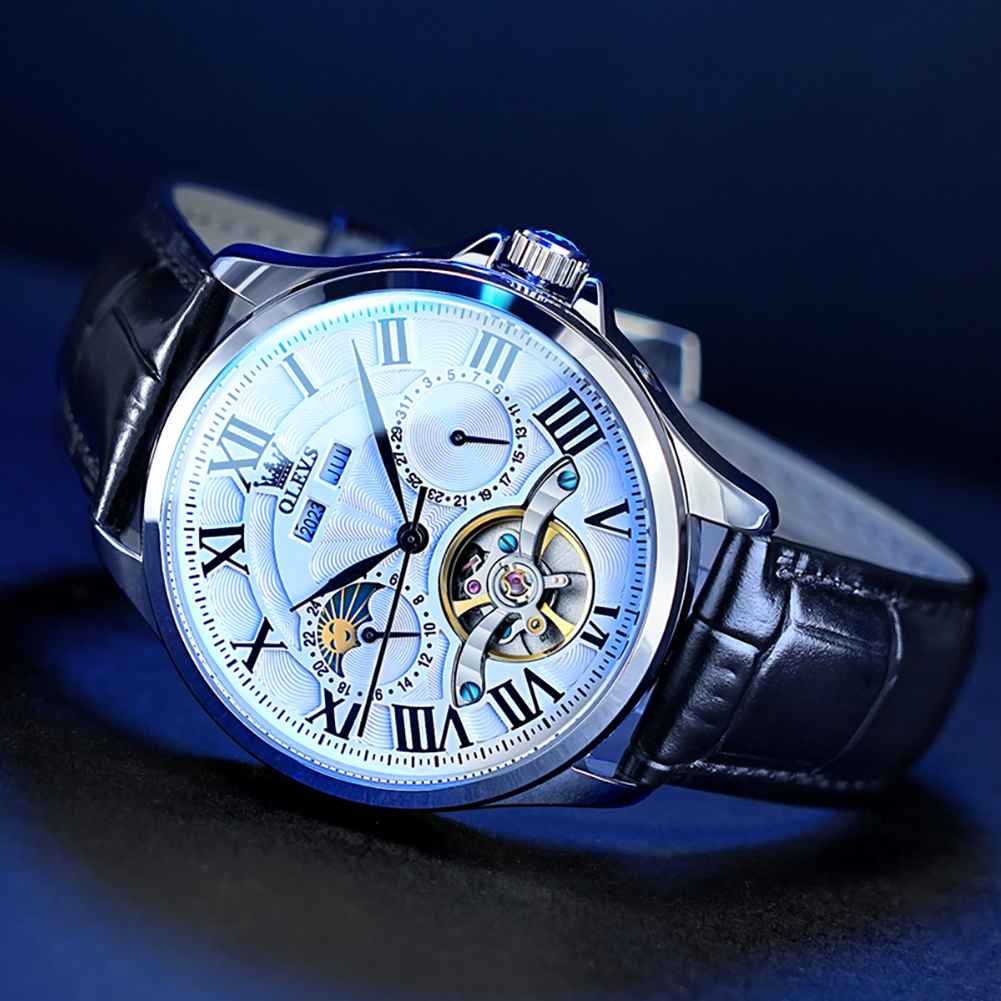 OLEVS 7013 Men's Mechanical Watch With Skeleton Design, Roman Numerals