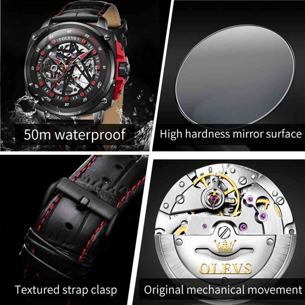 OLEVS 6682 Men's Mechanical Leather Strap Watch, 5ATM Waterproof, Business Mature Charm, Hollow Design