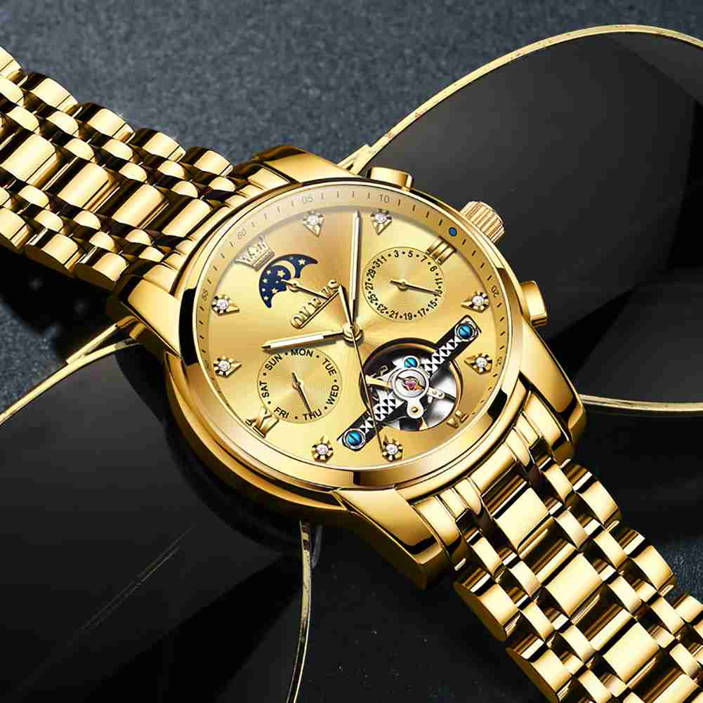 OLEVS 6678 Automatic Watches For Men Gold Luxury Dress Wrist Watch Self Winding Mechanical Skeleton Tourbillon Watch