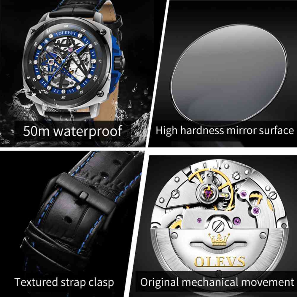 OLEVS 6682 Men's Mechanical Leather Strap Watch, 5ATM Waterproof, Business Mature Charm, Hollow Design