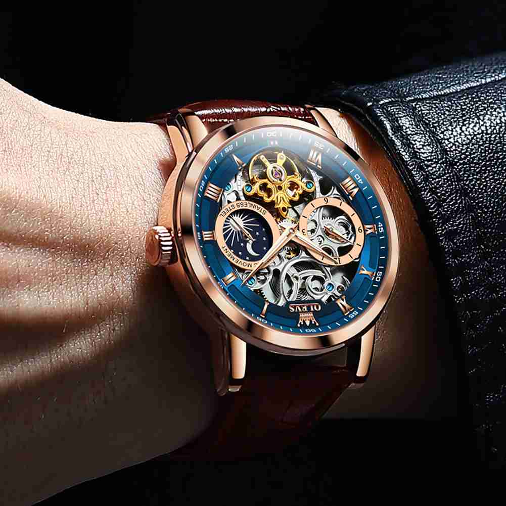 OLEVS 6670 Skeleton Watches For Mens Automatic Mechanical Self Winding Tourbillon Luxury Dress Wrist Watches Waterproof Luminous