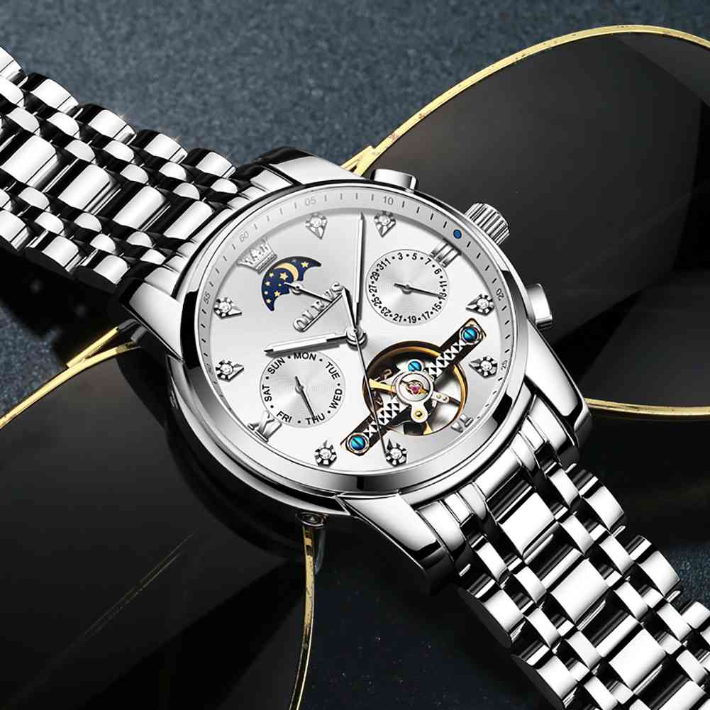 OLEVS 6678 Automatic Watches For Men Gold Luxury Dress Wrist Watch Self Winding Mechanical Skeleton Tourbillon Watch