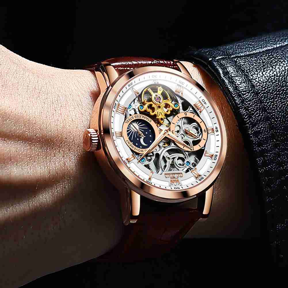 OLEVS 6670 Skeleton Watches For Mens Automatic Mechanical Self Winding Tourbillon Luxury Dress Wrist Watches Waterproof Luminous