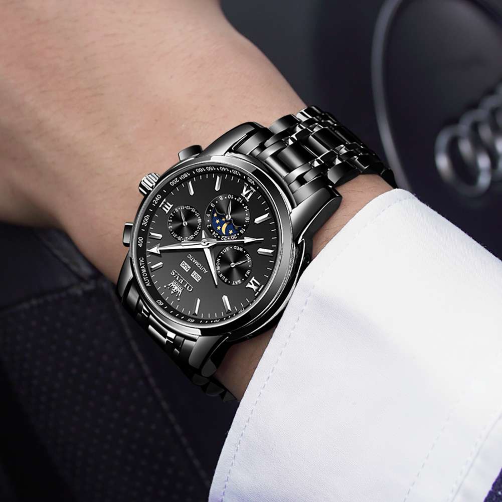 OLEVS 6633 Mens Watches Automatic Luxury Big Face Multi Calendar Stainless Steel Waterproof Luminous Wrist Watch For Men