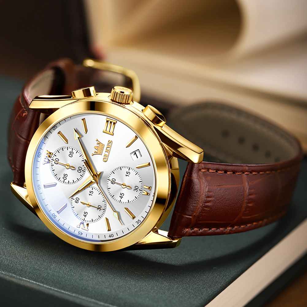 #Color_Brown Strap-White Dial Gold Trim