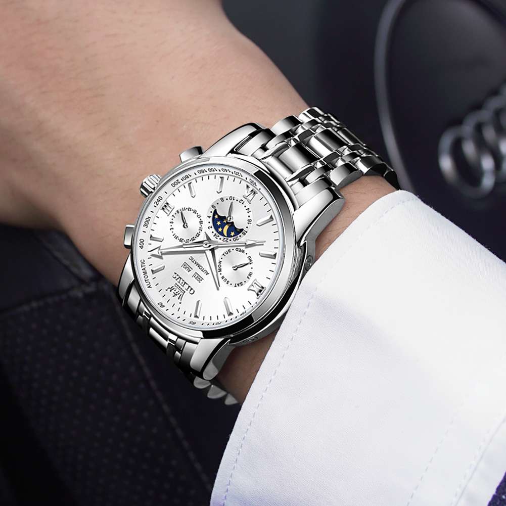 OLEVS 6633 Mens Watches Automatic Luxury Big Face Multi Calendar Stainless Steel Waterproof Luminous Wrist Watch For Men