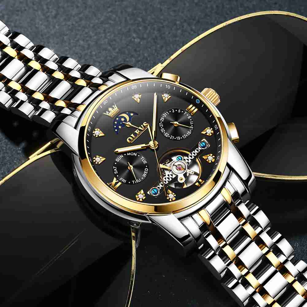 OLEVS 6678 Automatic Watches For Men Gold Luxury Dress Wrist Watch Self Winding Mechanical Skeleton Tourbillon Watch