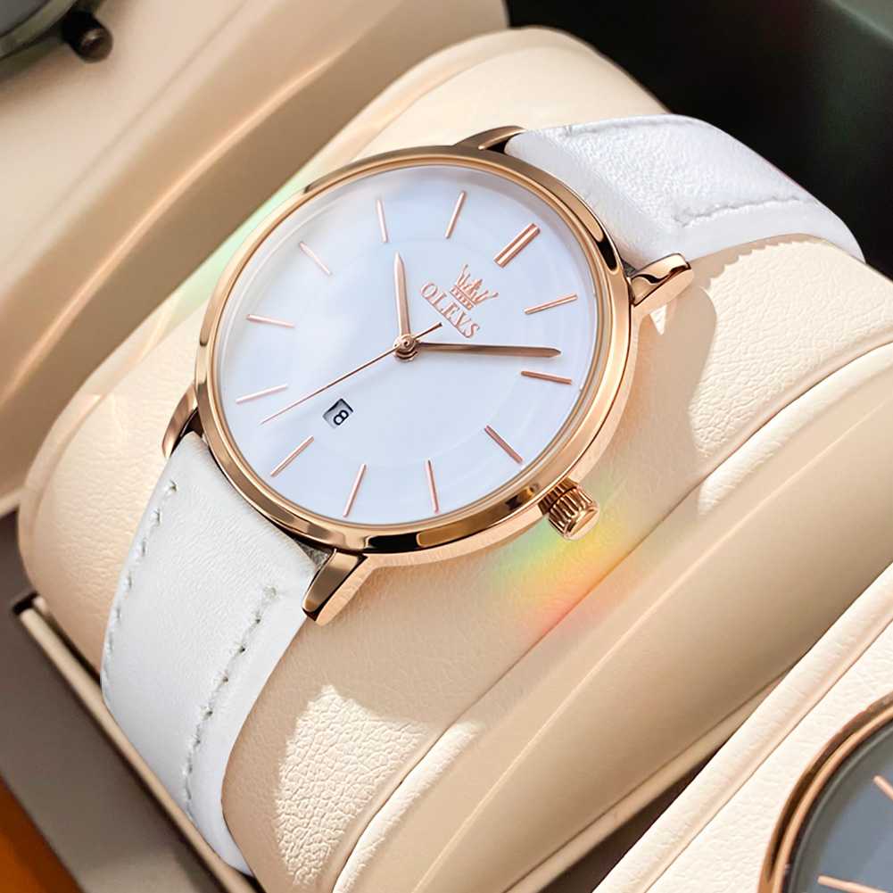 OLEVS 5869 Women Watches Ultra Thin 6.5mm Minimalist Dress Fashion Leather Strap Quartz Waterproof Casual Women Wrist Watch