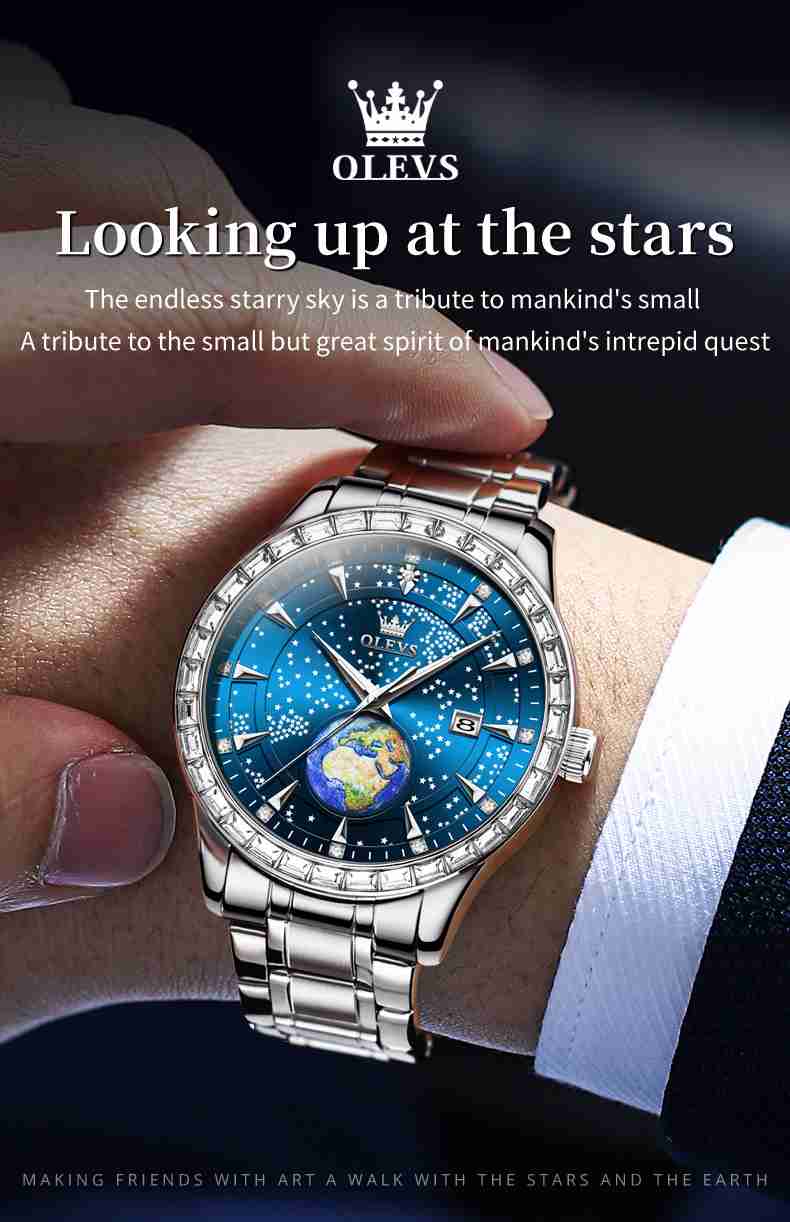 OLEVS 9967 Men's Business Quartz Leather and Metal Strap Watch, 3ATM Waterproof, Starry Sky Earth Calendar, Diamond Accents