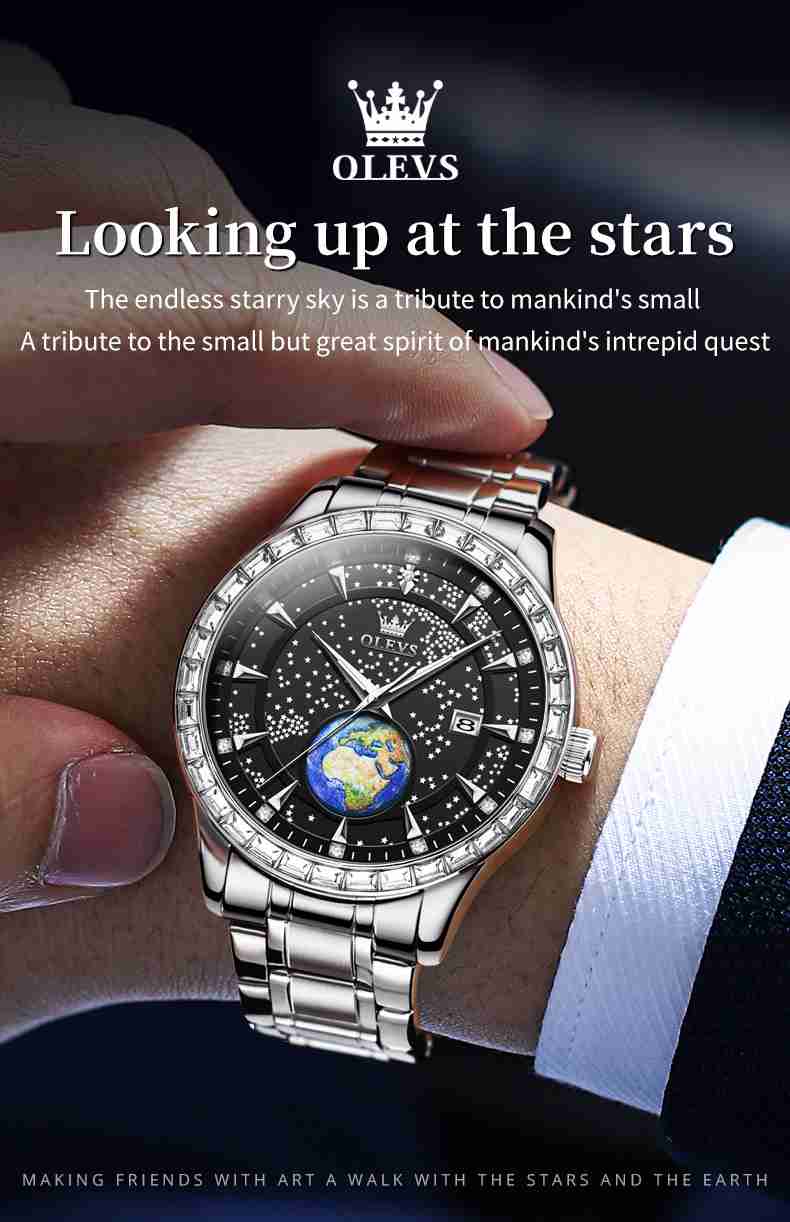 OLEVS 9967 Men's Business Quartz Leather and Metal Strap Watch, 3ATM Waterproof, Starry Sky Earth Calendar, Diamond Accents