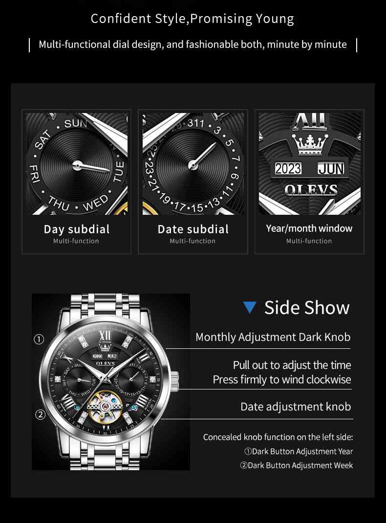 OLEVS 6701 Men's Business Mechanical Watch With Hollow Design, Annual Calendar, Luminous Hands, Waterproof 3ATM, Roman Numerals, And Diamond Accents