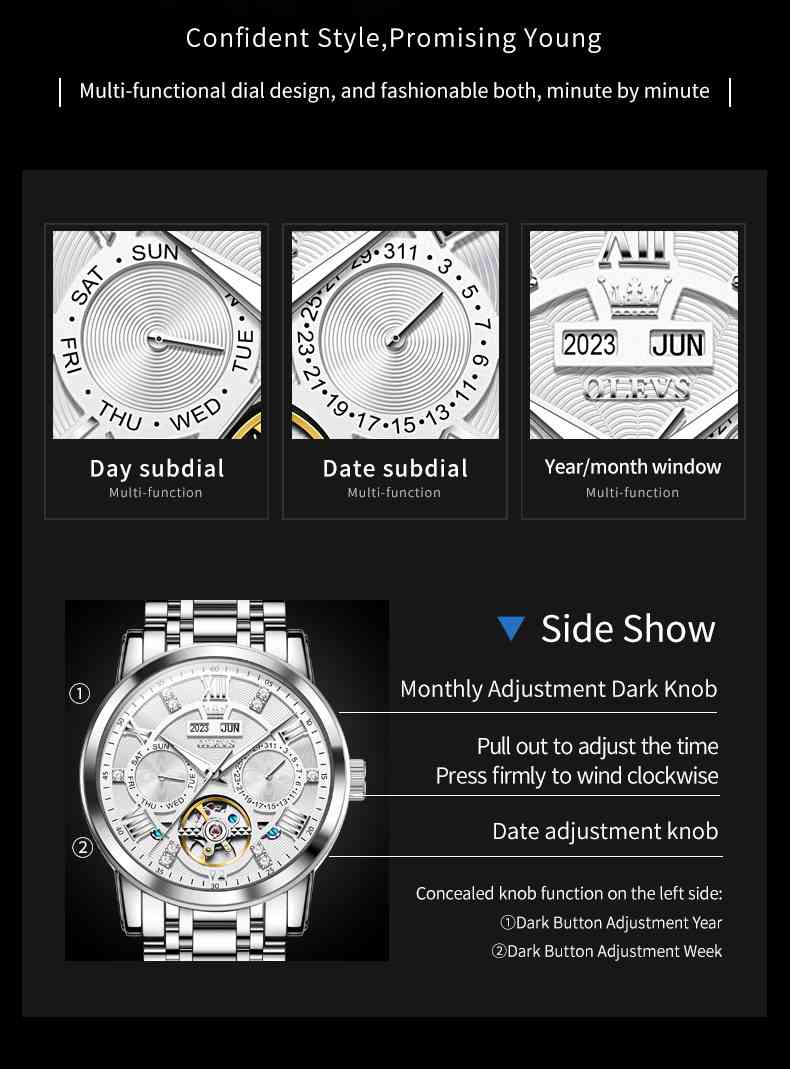 OLEVS 6701 Men's Business Mechanical Watch With Hollow Design, Annual Calendar, Luminous Hands, Waterproof 3ATM, Roman Numerals, And Diamond Accents