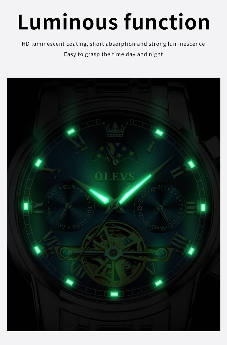 OLEVS 6617 Herren-Automatikuhr, Skelett-Tourbillon, mechanisch, mit Selbstaufzug, luxuriöse Armbanduhr, wasserdicht, leuchtende Uhr, Geschenk