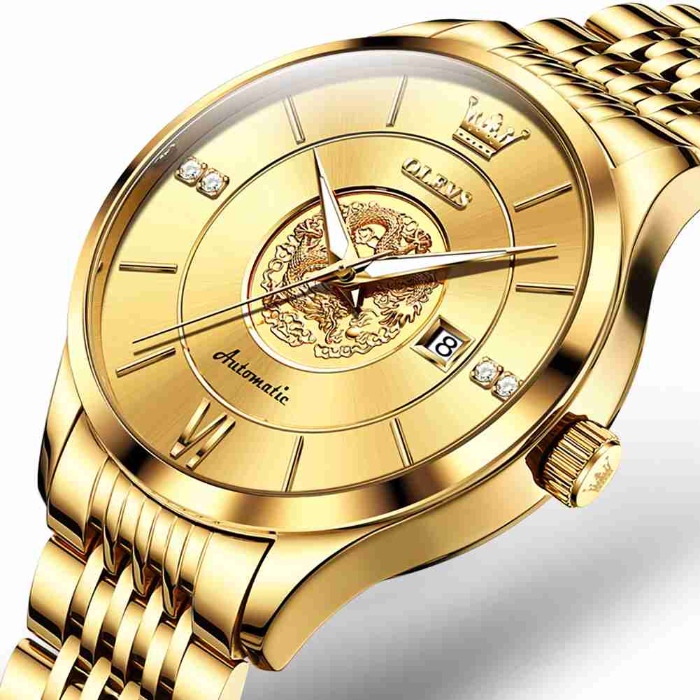 Olevs 6693 Luxuriöse automatische mechanische Uhr mit goldenen Akzenten