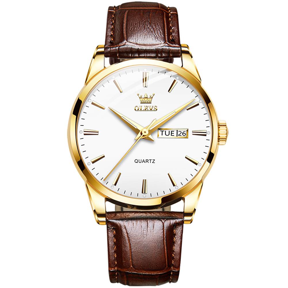 #Color_Brown Strap-White Dial Gold Trim