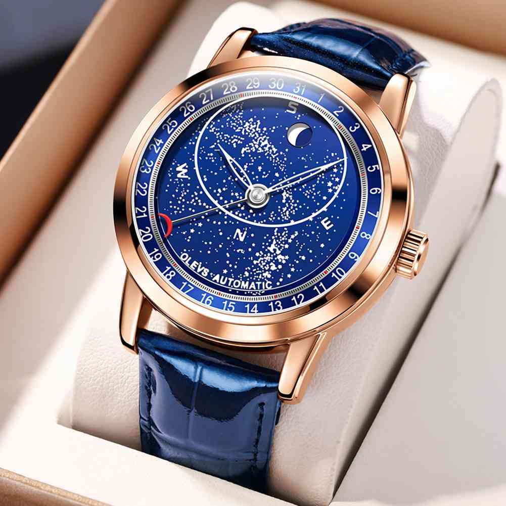 OLEVS 9923 Starry Sky Moon Phase Men's Automatic Mechanical Watches Blue Leather Luxury Dress Waterproof Luminous Wrist Watches