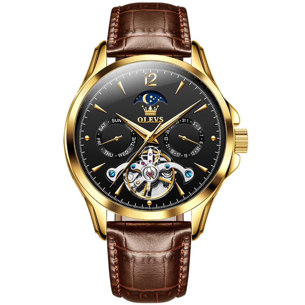 #color_Brown Strap-Black Dial Gold Trim