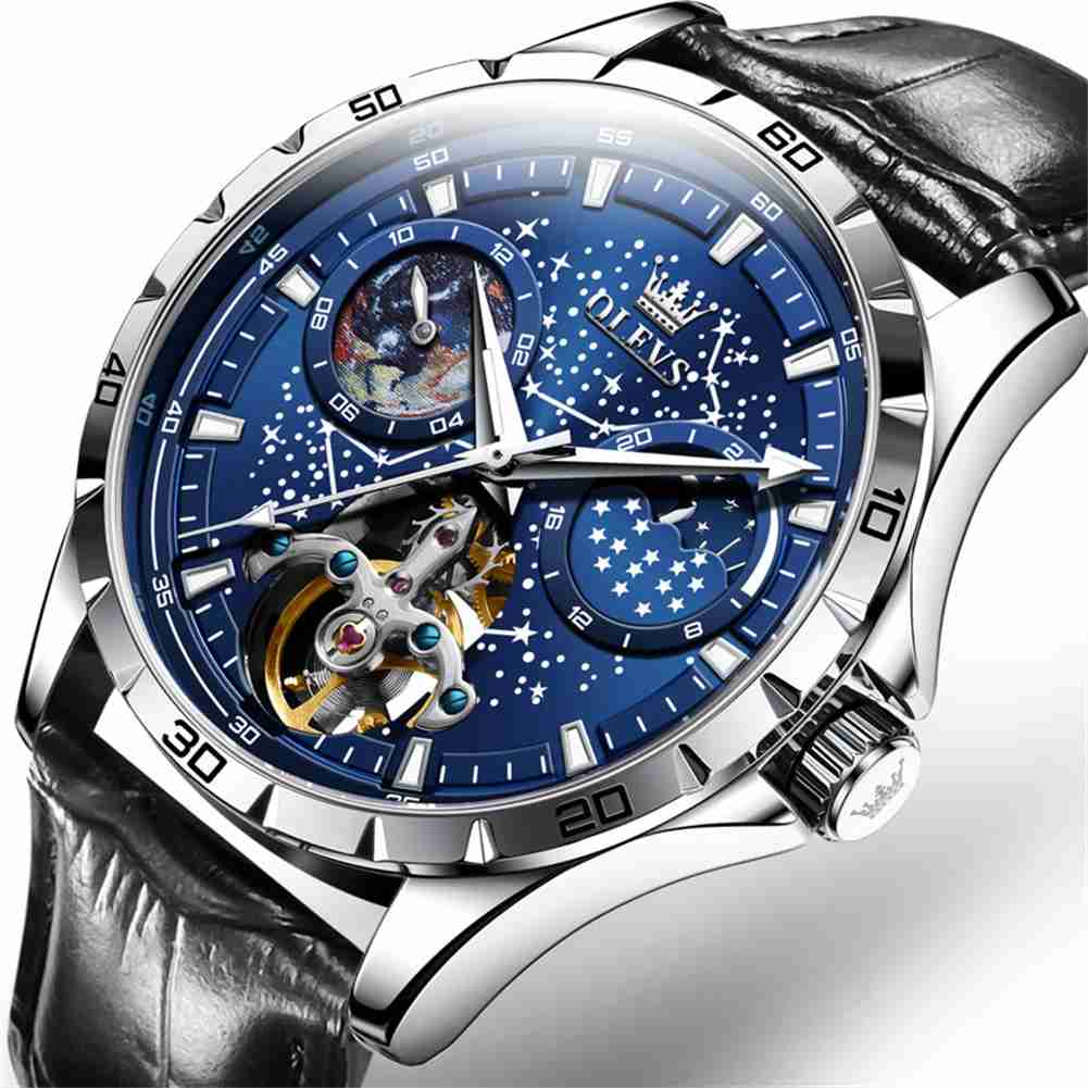 OLEVS 6689 Men's Automatic Skeleton Starry Sky Dial Mechanical Self-Winding Luxury Watch, Stainless Steel Moon Phase, Waterproof, Luminous Wristwatch