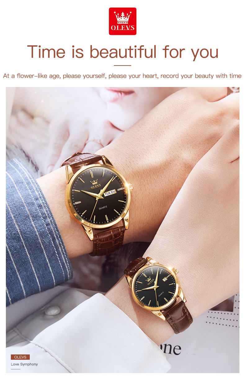 OLEVS 6898 Couple Watches - Classic Brown Leather, Analog Quartz, Romantic Waterproof Date Pair Watch For Men And Women