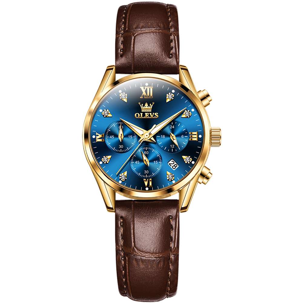 #Color_Brown Strap - Blue Dial Gold Trim