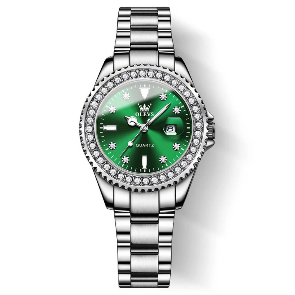 #Color_Silver Strap - Green Dial Silver Trim