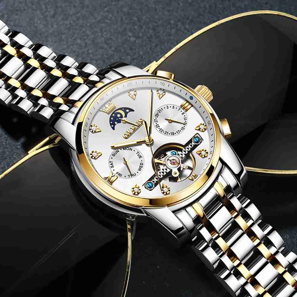 OLEVS 6678 Automatic Watches For Men Gold Luxury Dress Wrist Watch Self Winding Mechanical Skeleton Tourbillon Watch