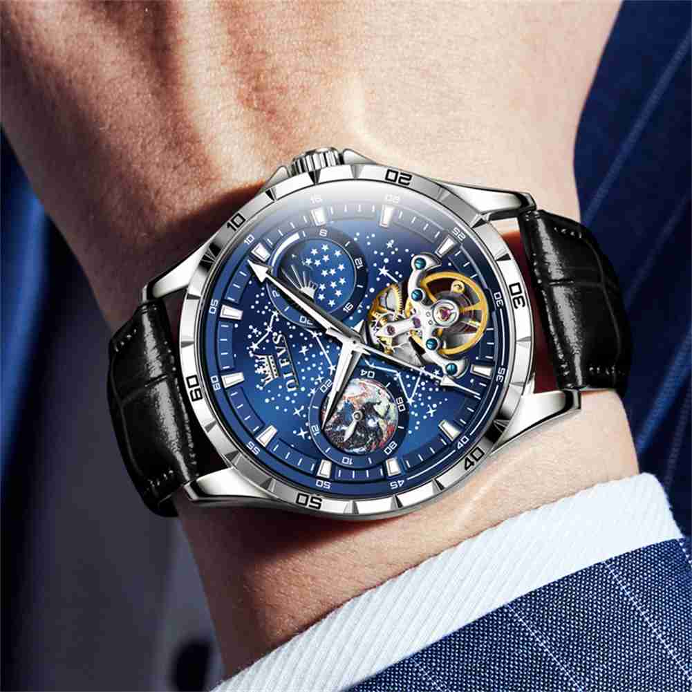 OLEVS 6689 Men's Automatic Skeleton Starry Sky Dial Mechanical Self-Winding Luxury Watch, Stainless Steel Moon Phase, Waterproof, Luminous Wristwatch