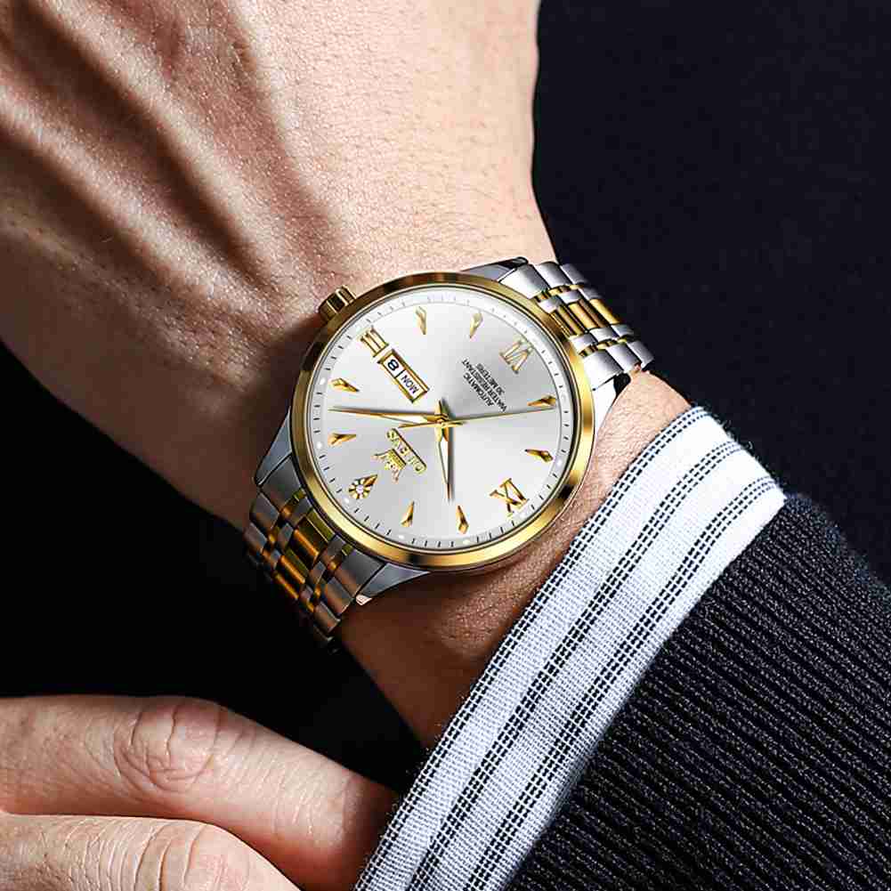 OLEVS 9956 Men's Automatic Self-Winding Mechanical Luxury Business Dress Watch - Stainless Steel, Waterproof, Luminous, Day-Date Feature