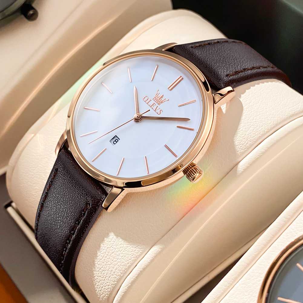 OLEVS 5869 Women Watches Ultra Thin 6.5mm Minimalist Dress Fashion Leather Strap Quartz Waterproof Casual Women Wrist Watch