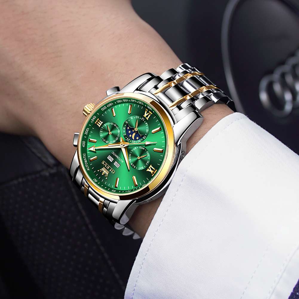 OLEVS 6633 Mens Watches Automatic Luxury Big Face Multi Calendar Stainless Steel Waterproof Luminous Wrist Watch For Men