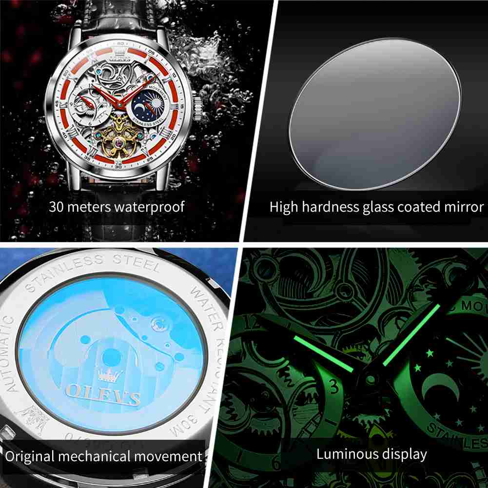 OLEVS 6670 Skeleton Watches For Mens Automatic Mechanical Self Winding Tourbillon Luxury Dress Wrist Watches Waterproof Luminous