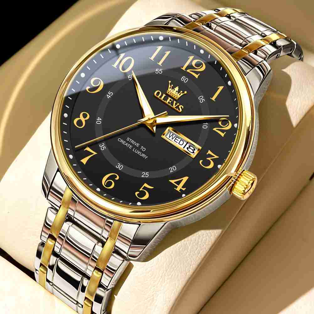 OLEVS 2891 Watch For Men Luxury Dress Analog Quartz Stainless Steel Waterproof Luminous Date Diamond Business Two Tone Casual Wrist Watch