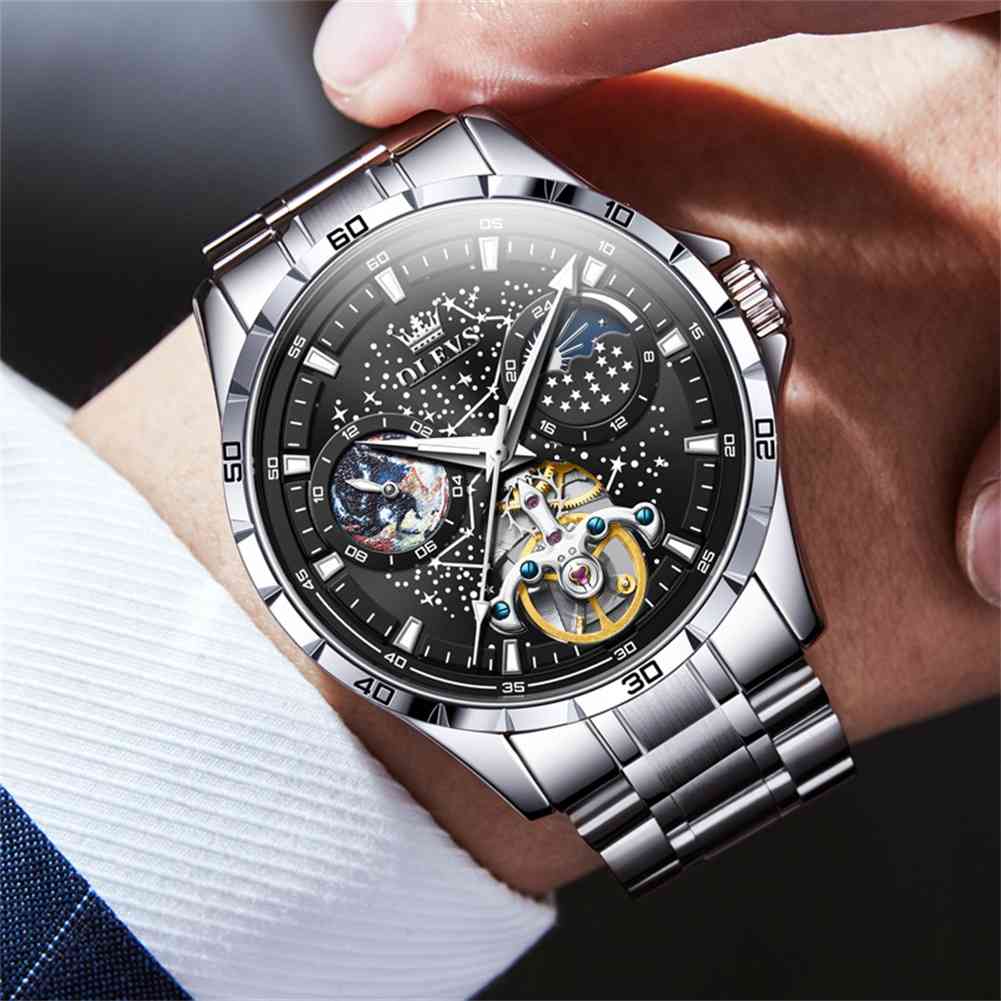 OLEVS 6689 Men's Automatic Skeleton Starry Sky Dial Mechanical Self-Winding Luxury Watch, Stainless Steel Moon Phase, Waterproof, Luminous Wristwatch