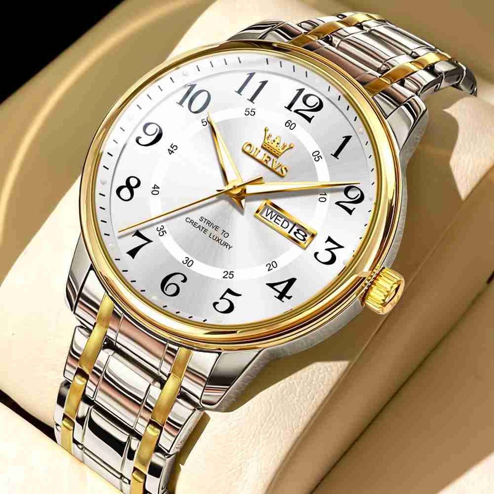 OLEVS 2891 Watch For Men Luxury Dress Analog Quartz Stainless Steel Waterproof Luminous Date Diamond Business Two Tone Casual Wrist Watch