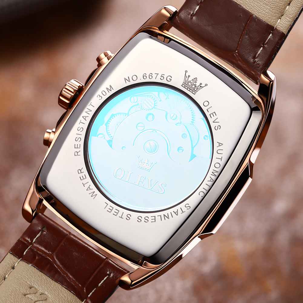 OLEVS 6675 Mechanical Dress Mens Watches Square Brown Skeleton Tourbillion Waterproof Luminous Men's Wrist Watches