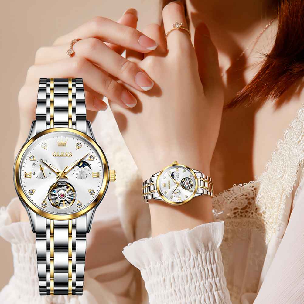 OLEVS 6608 Womens Automatic Watches Diamond Tourbillon Dress Wrist Watches Waterproof Luminous