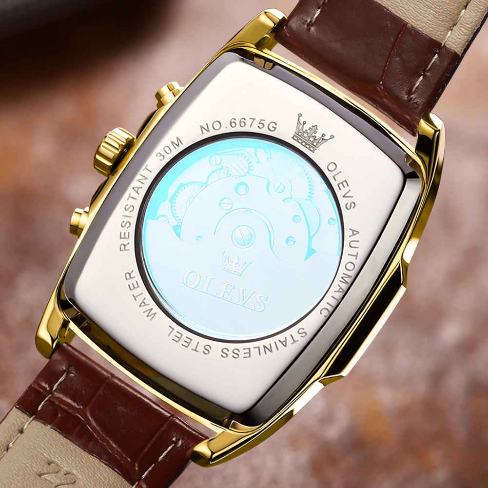 OLEVS 6675 Mechanical Dress Mens Watches Square Brown Skeleton Tourbillion Waterproof Luminous Men's Wrist Watches